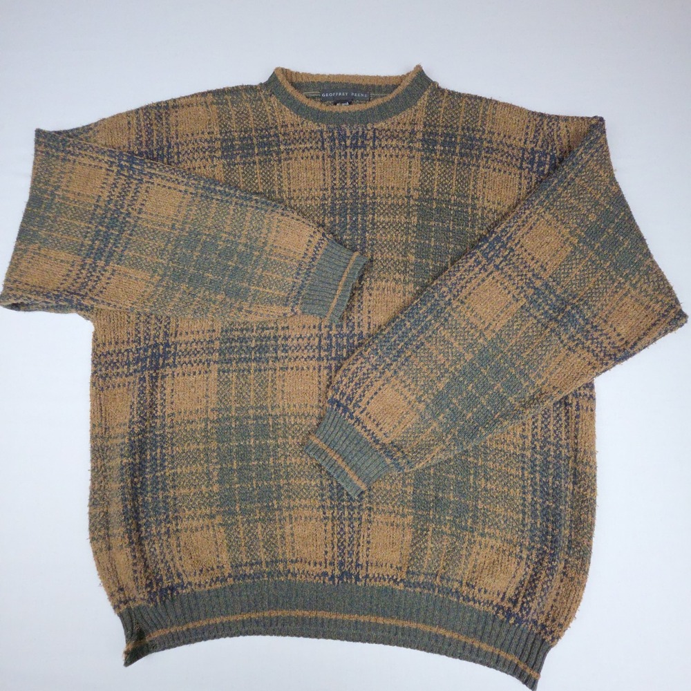 VTG Geoffrey Beene Plaid Crewneck Sweater Mens XL Brown Green Cotton Blend Italy